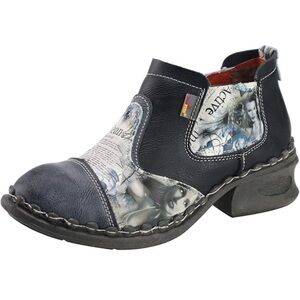 TMA Eyes Booties Blue Leather Photo Print Heel Zipper Shoe Germany Size 8 EU 39